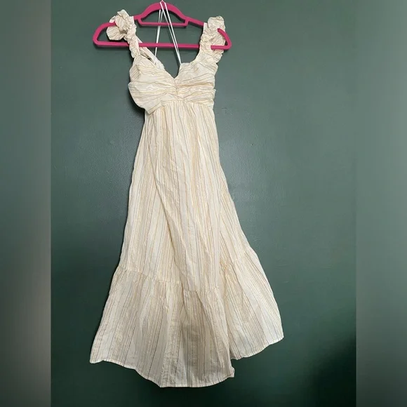 GAP- midi dress sleeveless tiered metallic stripe cotton blend puff strap ruched - Picture 10 of 16